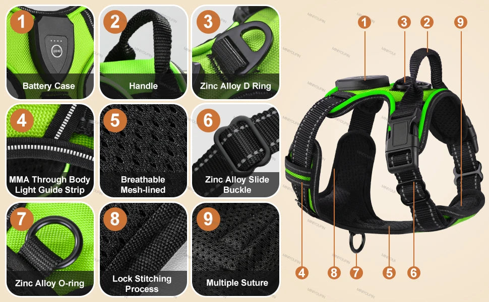 Harnais anti traction chien - Lumineux